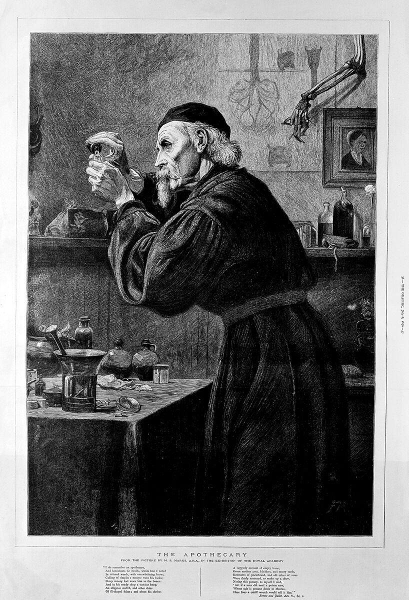 Apothecary concocting a preparation, 1876 engraving, Wellcome Collection