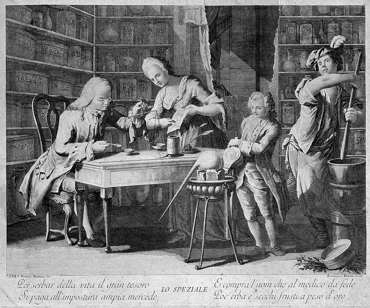 Apothecary with scales and prescription, Wellcome Collection