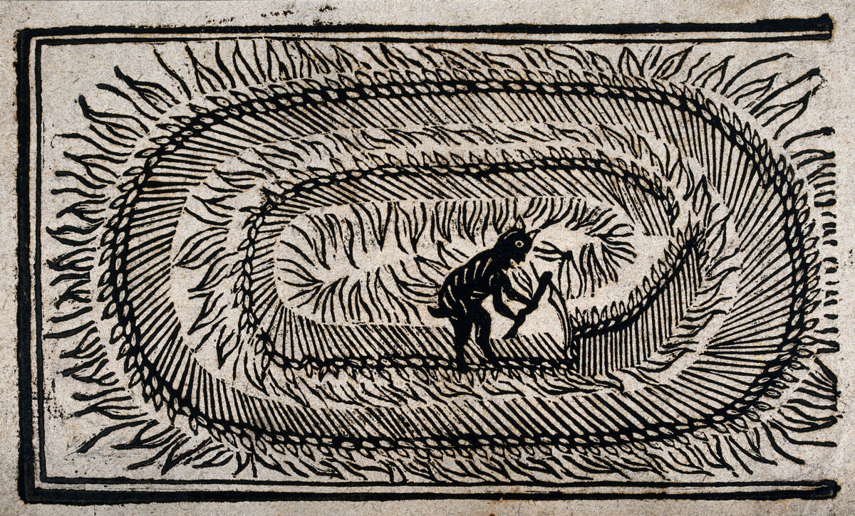 Devil with scythe, woodcut c. 1700, Wellcome Collection