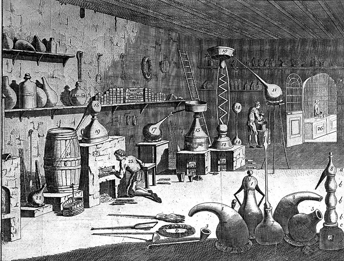 Pharmaceutical laboratory, 1747 engraving, Wellcome Collection