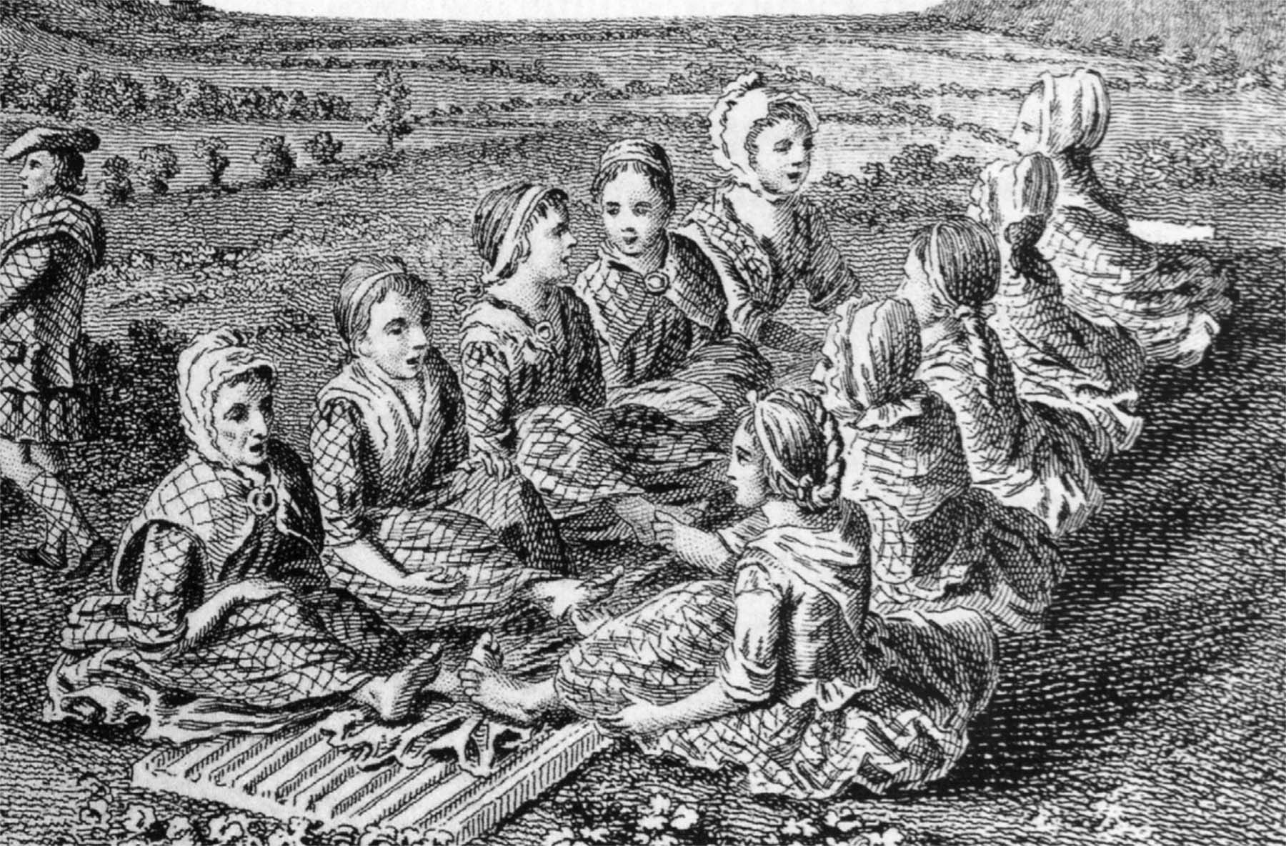 Waulking cloth, 18th century engraving, depicting the communal finishing of woven fabric