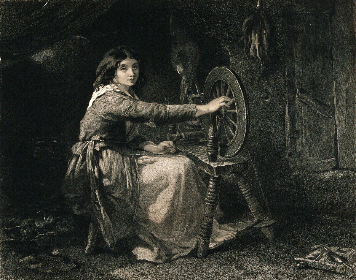Irish woman at spinning wheel, Wellcome Collection