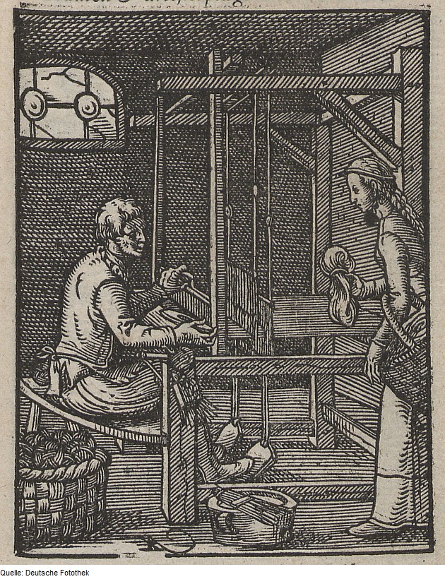 Medieval weaver at a loom, from the Ständebuch trade illustrations