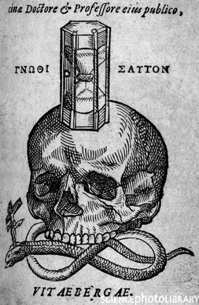 Skull with hourglass, memento mori engraving